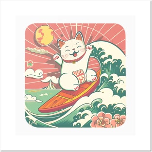 Lucky Cat Retro Surf Neko Posters and Art